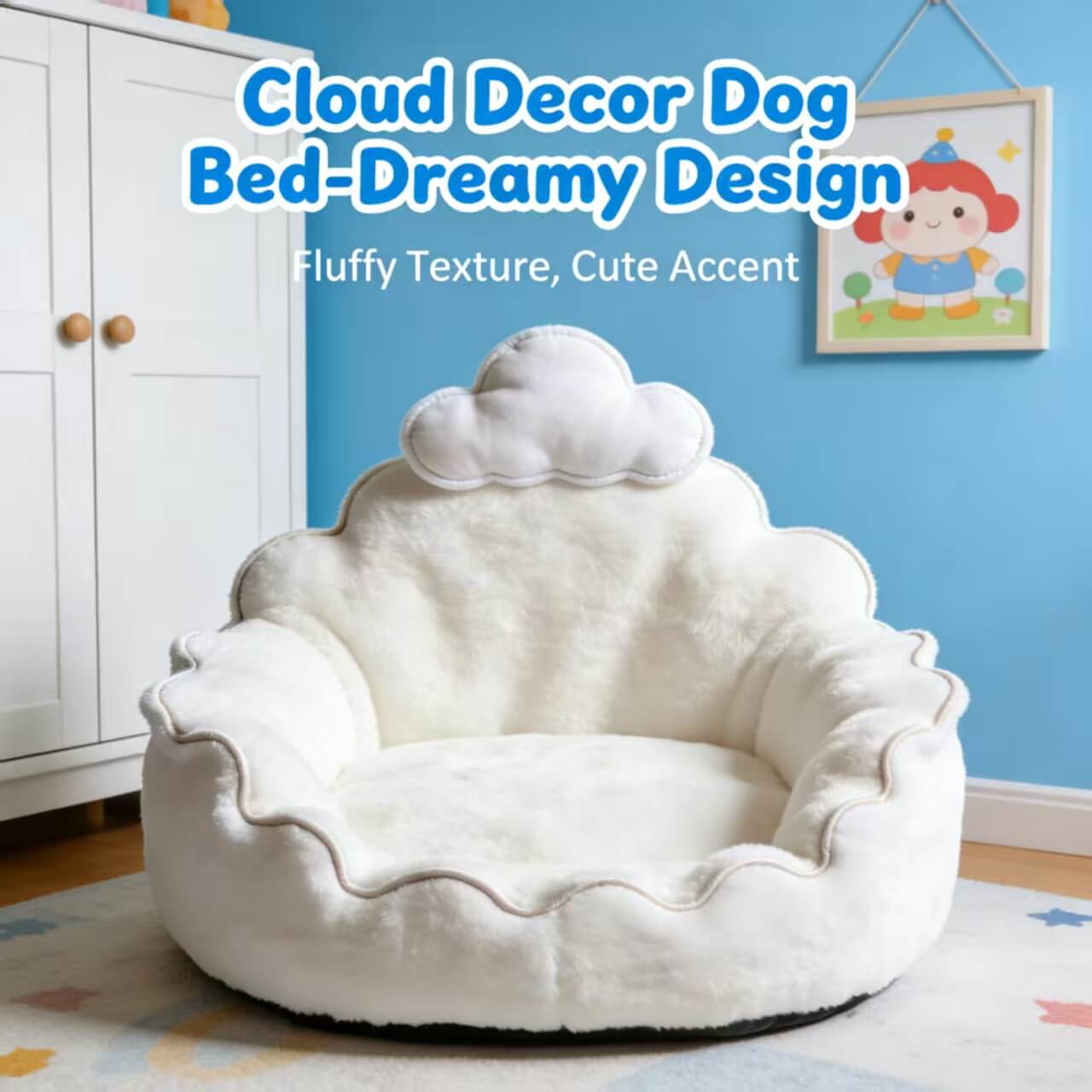 Dreamy-Design Pet Bed for Dogs - White Cloud Decor, Fluffy Texture, Cute Accent