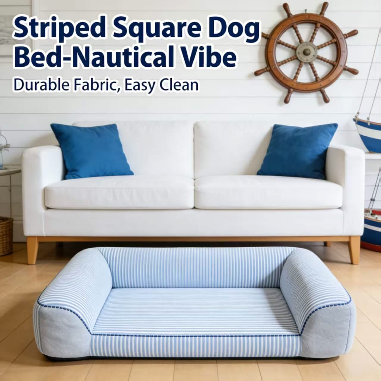 Nautical-Vibe Pet Bed for Dogs - Striped Square, Blue-White, Durable Fabric, Easy Clean