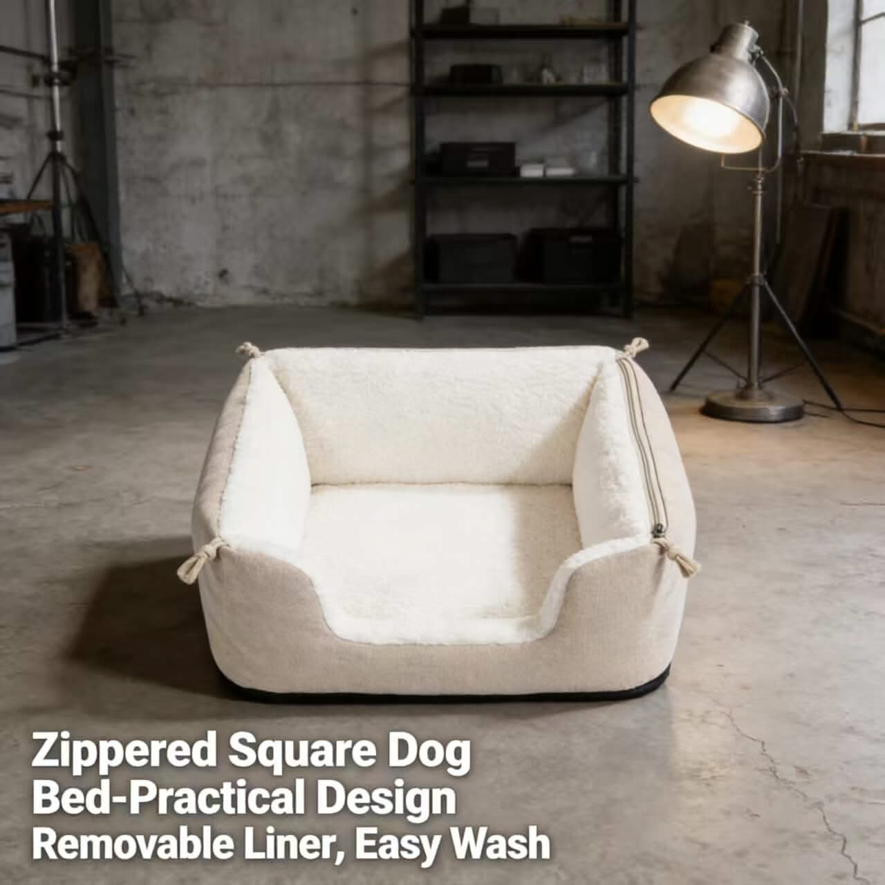 Practical Square Pet Bed for Dogs - Beige, Zipped, Removable Liner, Easy Wash, Plush Interior