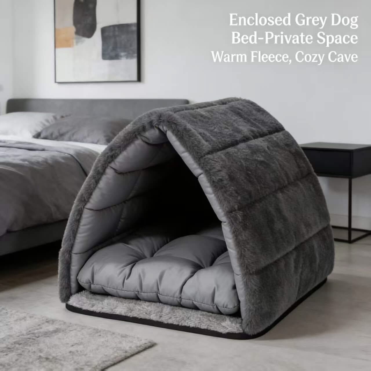 Private-Space Pet Bed for Dogs - Enclosed Grey, Warm Fleece, Cozy Cave