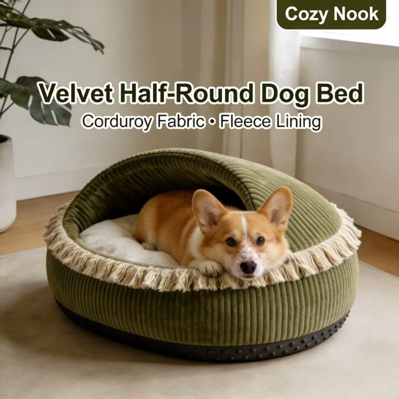 Cozy-Nook Half-Round Pet Bed for Dogs - Olive Green, Velvet-Corduroy, Fleece Lining, Fringe Trim