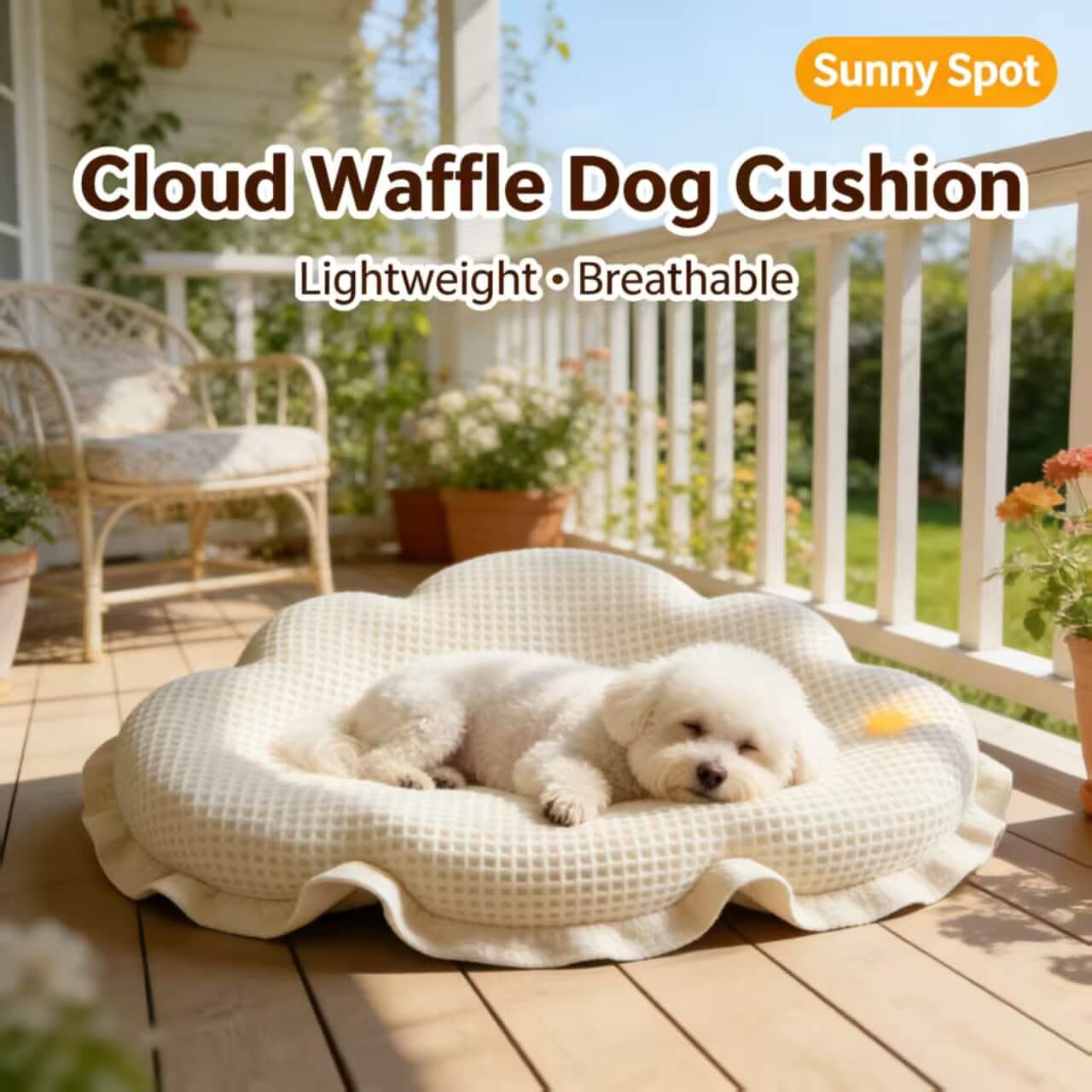 Sunny-Spot Pet Bed for Dogs - Cloud-Shaped, White Waffle, Lightweight, Breathable