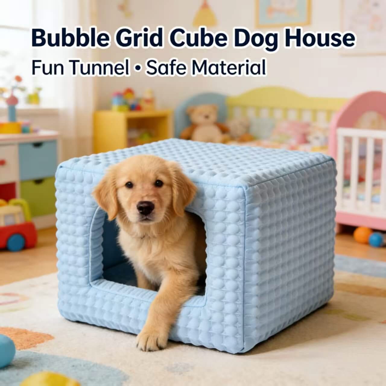 Fun-Tunnel Pet Bed for Dogs - Light Blue, Bubble Grid Cube, Safe Material