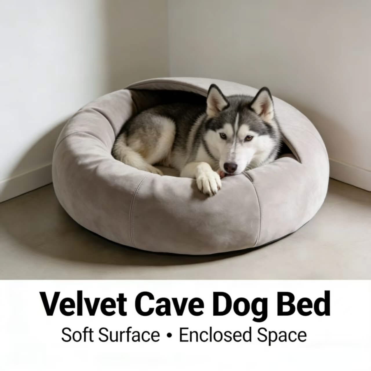 Enclosed-Space Pet Bed for Dogs - Beige Velvet Cave, Soft Surface
