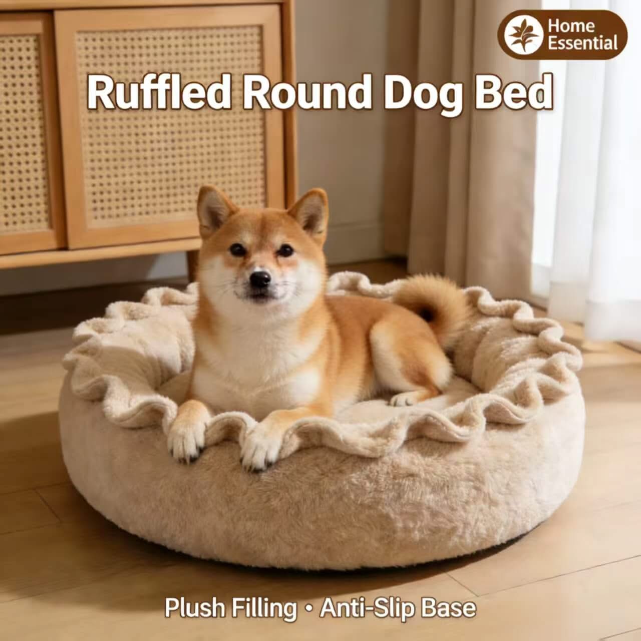 Home-Essential Pet Bed for Dogs - Beige Ruffled Round, Plush Filling, Anti-Slip Base