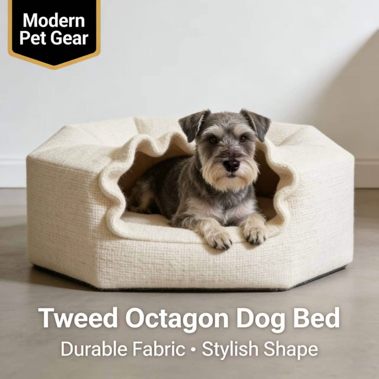 Modern Pet Bed for Dogs - Beige Tweed Octagon, Durable Fabric, Stylish Shape