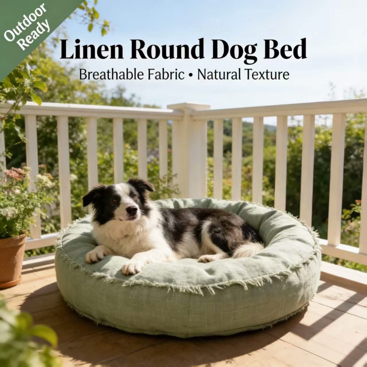 Outdoor-Ready Pet Bed for Dogs - Green Linen Round, Breathable Fabric, Natural Texture
