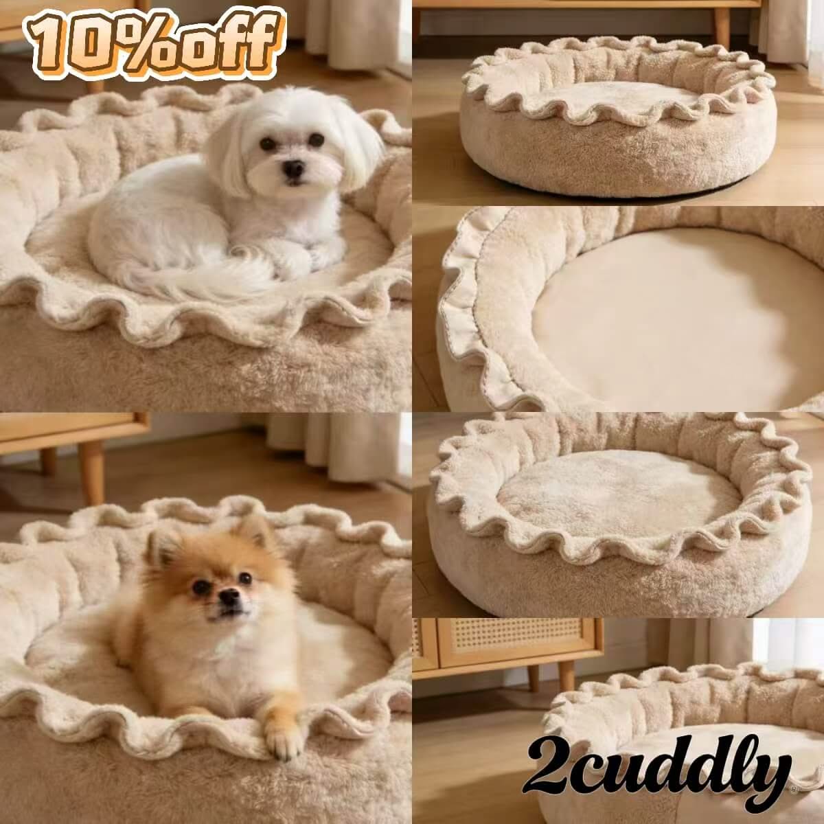 Home-Essential Pet Bed for Dogs - Beige Ruffled Round, Plush Filling, Anti-Slip Base