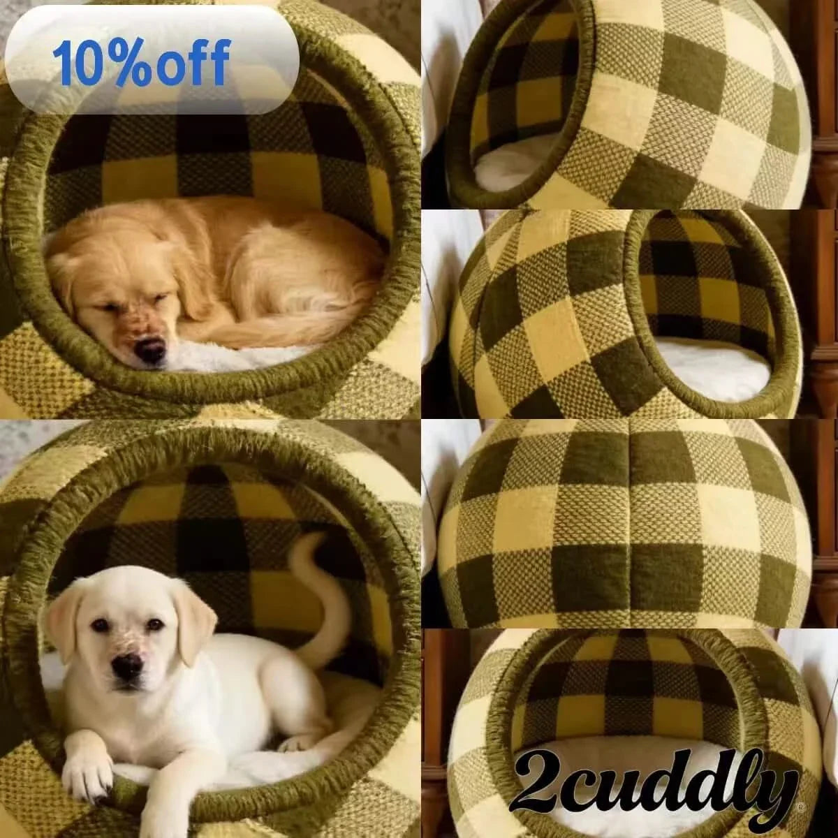 Woven Dog Bed, Cave Design, Breathable Fabric, Green/Yellow Plaid