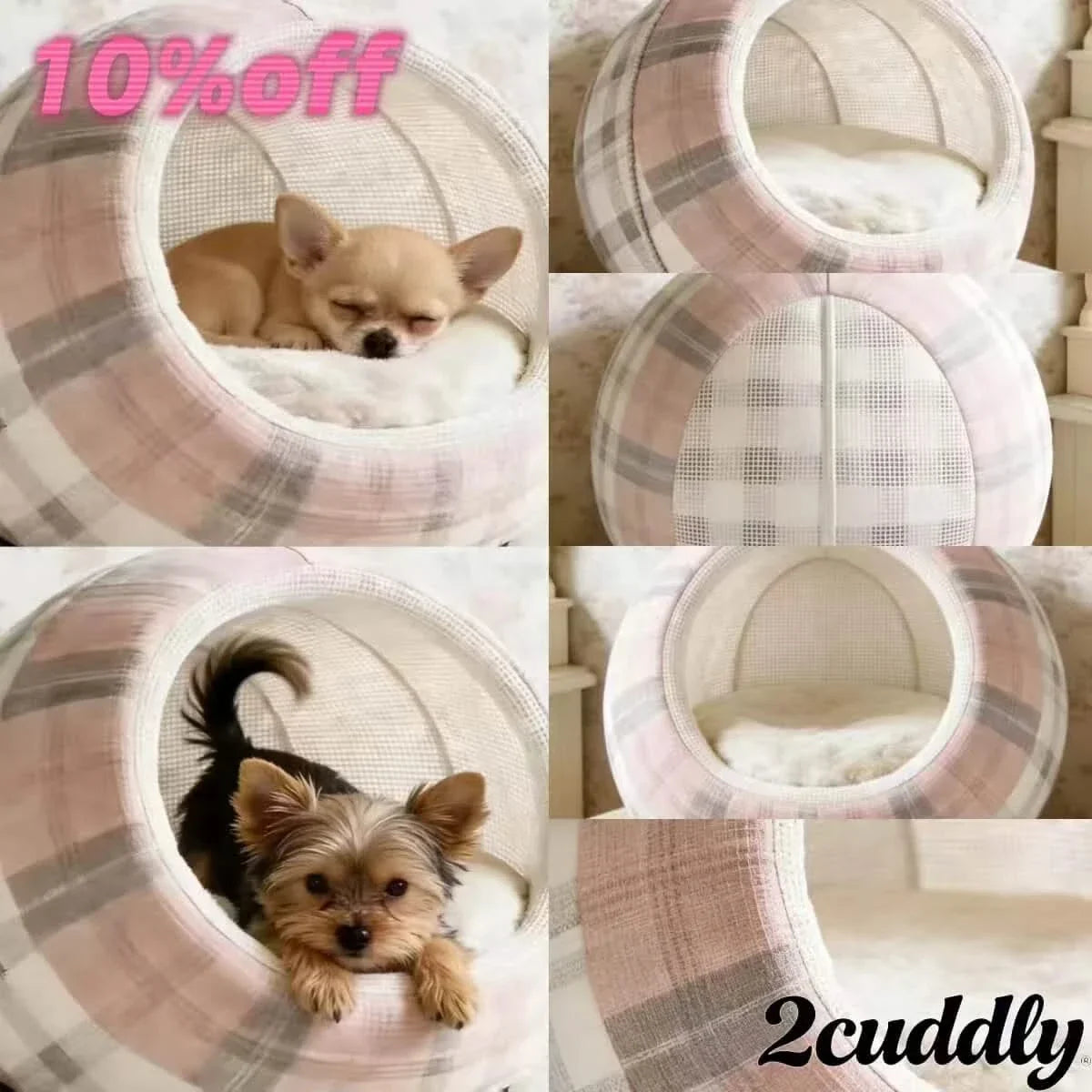 Breathable Pet Bed for Dogs, Cave Shape, Mesh Panel, Pink/Gray Plaid