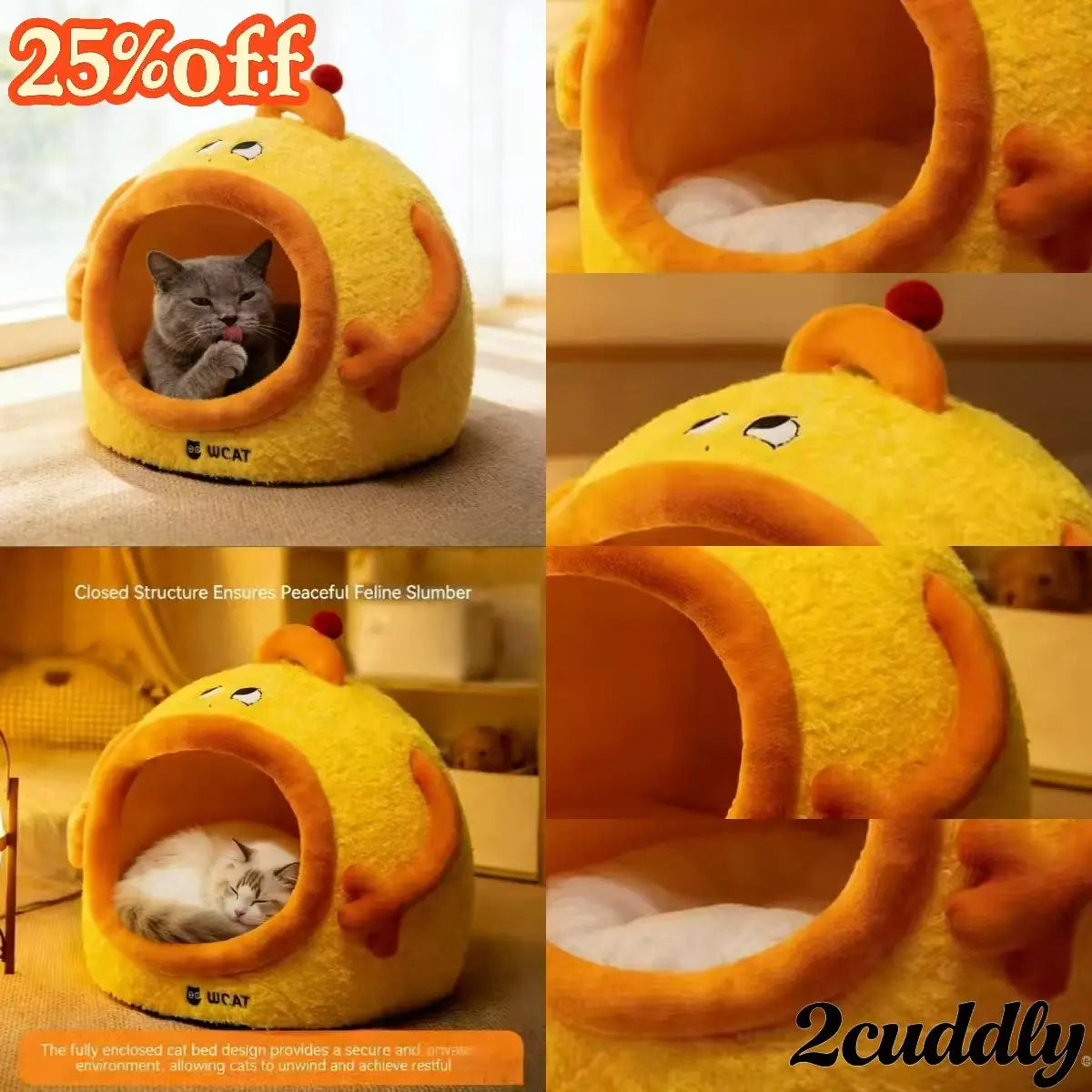 Lazy Cat Bed, Drowsy Eye Accent, Plush Fabric, Orange, Cozy Cave Nest, All-Season