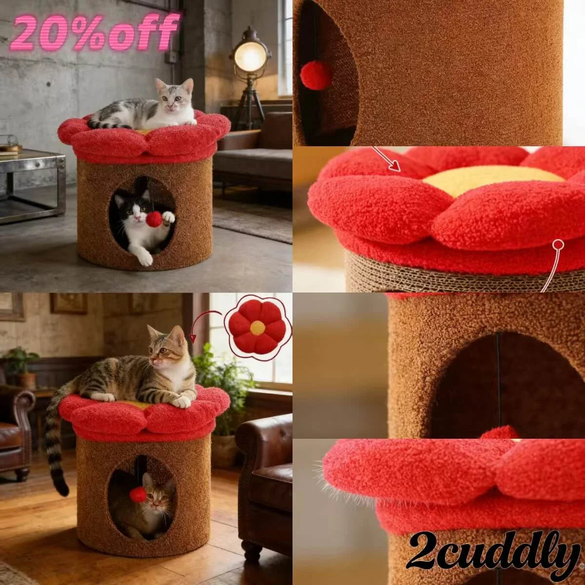 Dual-Space Interactive Cat Nest: Flower Top, Built-in Ball Toy,  Plush for Cats