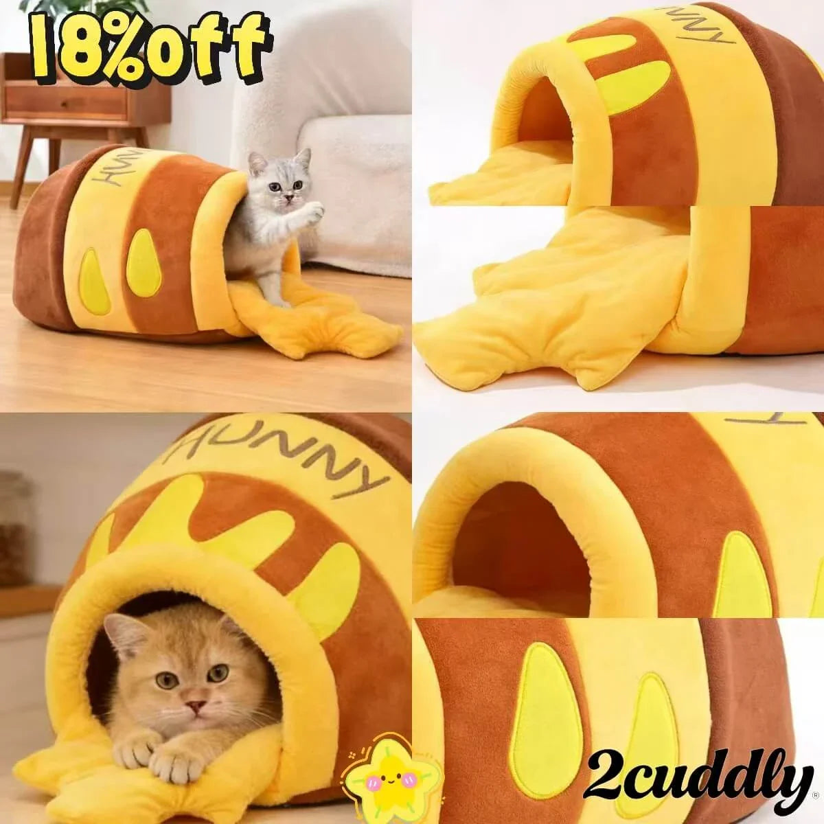 Cat Cave Bed, Honey Pot-Shaped, Yellow/Brown Plush, Small Cat Sleeping Nest