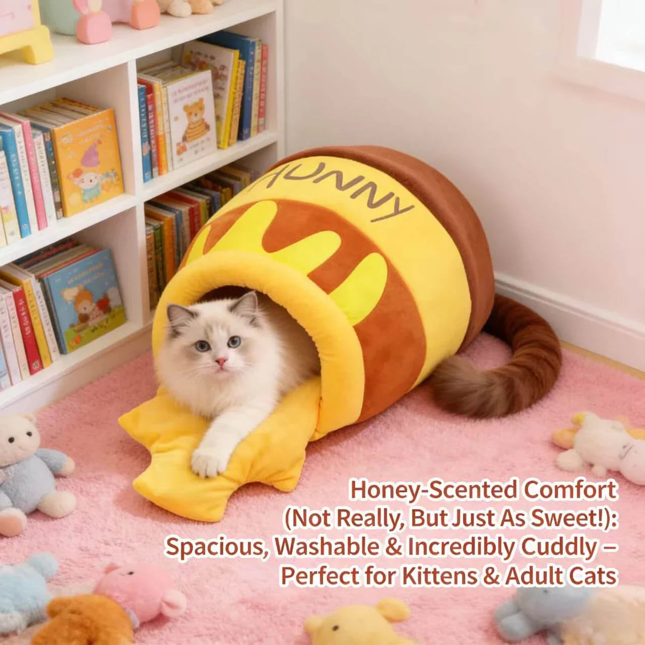 Cat Cave Bed, Honey Pot-Shaped, Yellow/Brown Plush, Small Cat Sleeping Nest