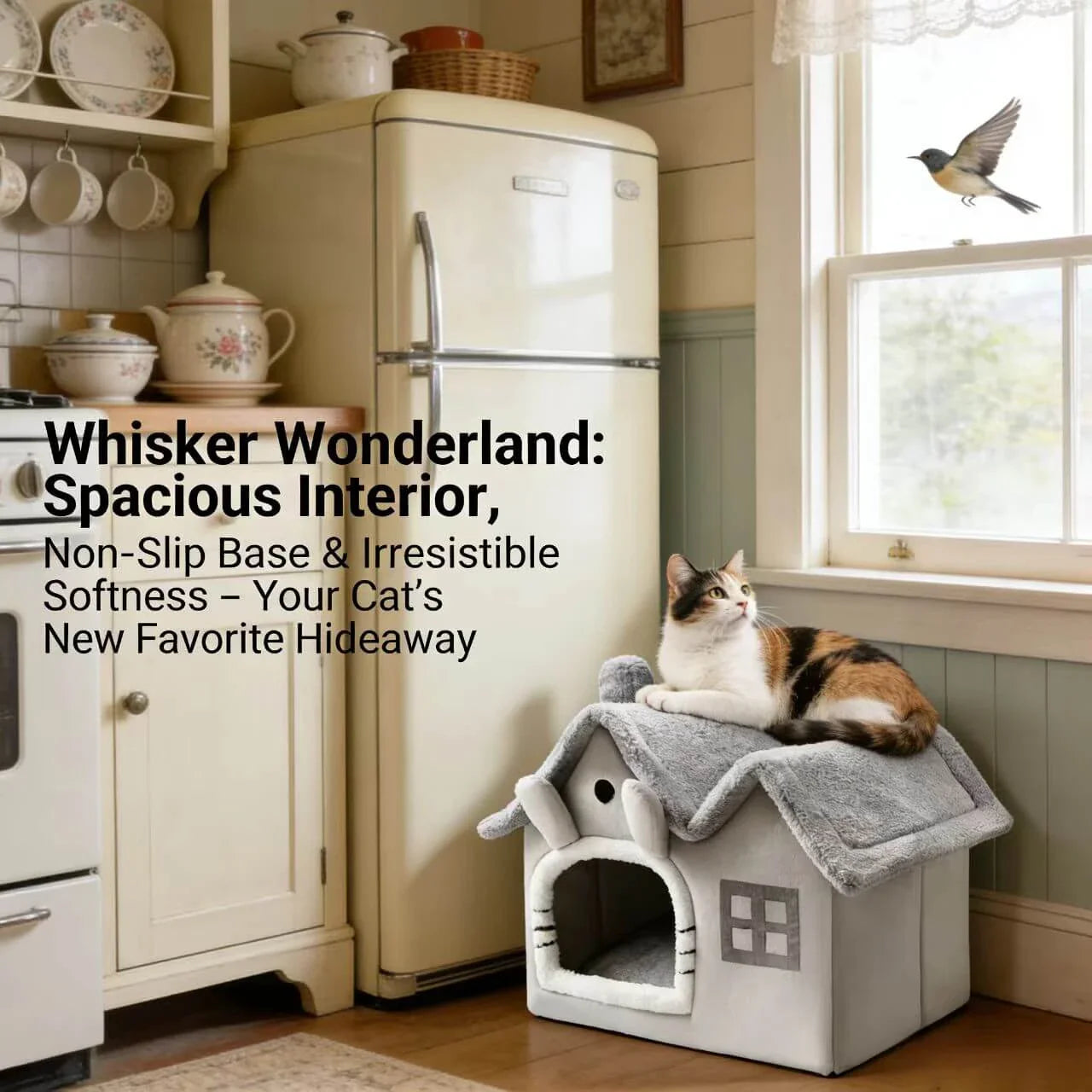 Comfortable House-Style Cat Nest: Gray Plush, Window Decor, Cute Design for Cats