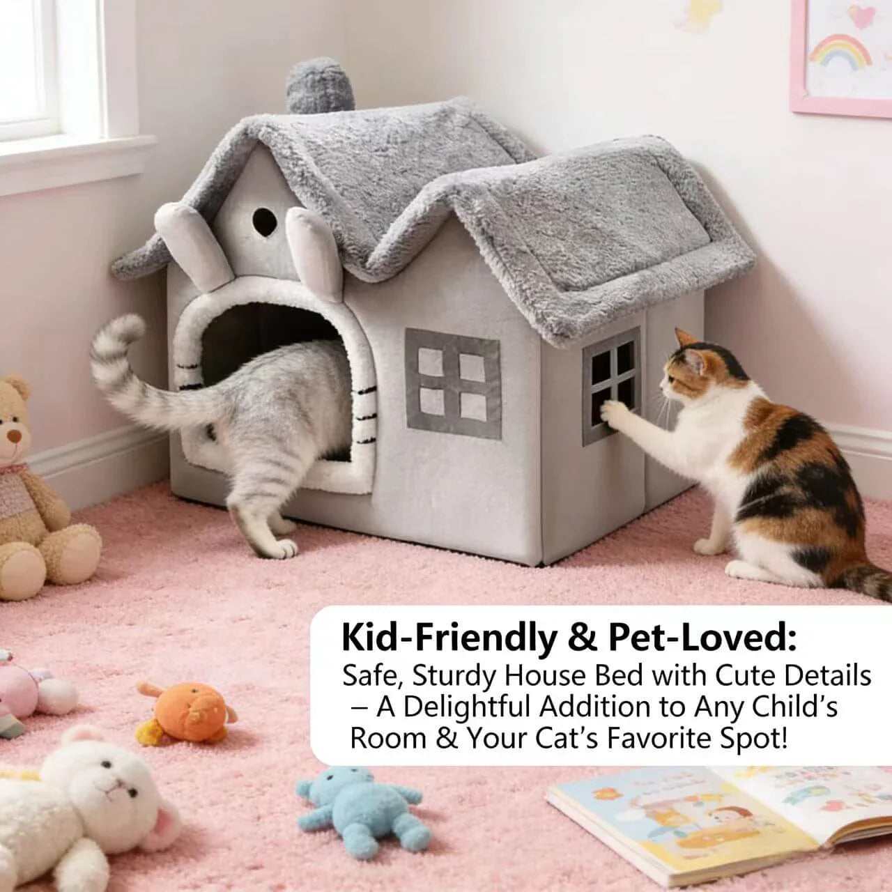 Comfortable House-Style Cat Nest: Gray Plush, Window Decor, Cute Design for Cats