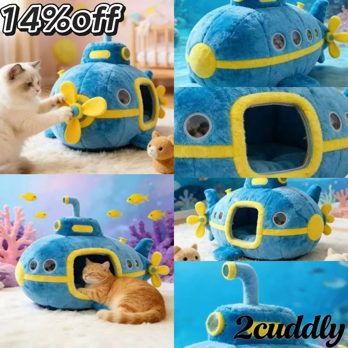 Dreamy Cat Bed, Submarine Shape, Warm Lining, Blue & Yellow, Underwater Themed
