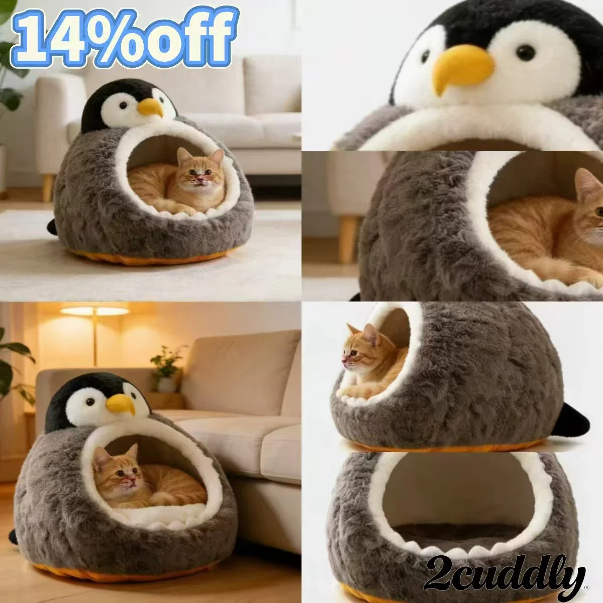  Cozy Cat Bed, Penguin Sanctuary Design, Plush Gray Fur, Non-Slip Base, 3D Beak/Flipper