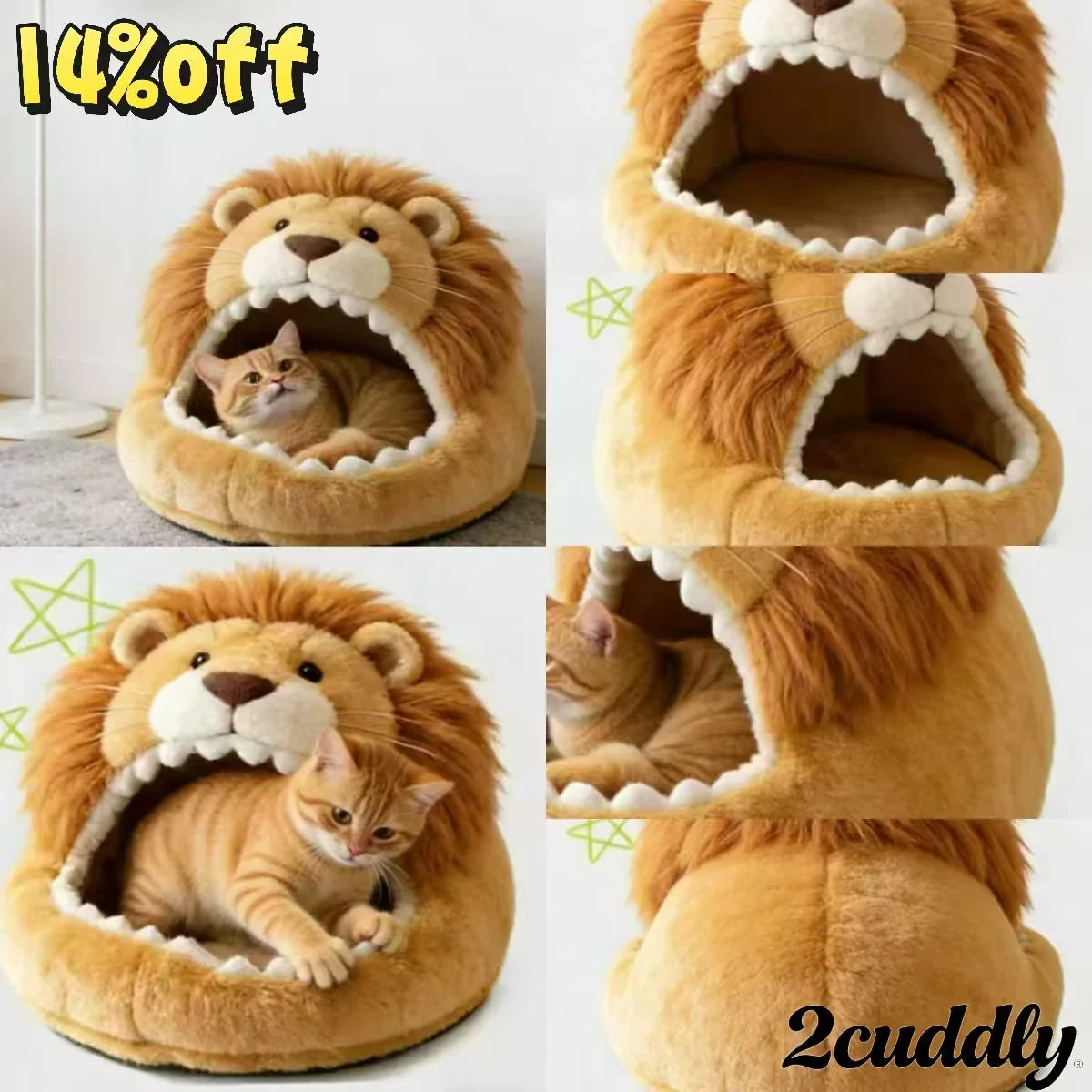 Cozy Cat Bed, Lion Head Cave Design, Soft Plush, Beige with Mane, Premium Material