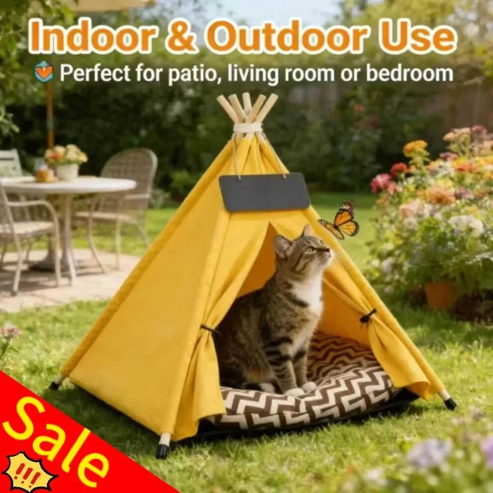 Cat Teepee Tent Bed, Yellow, Chalkboard Tag, Cushioned, Cat Sleeping Bed