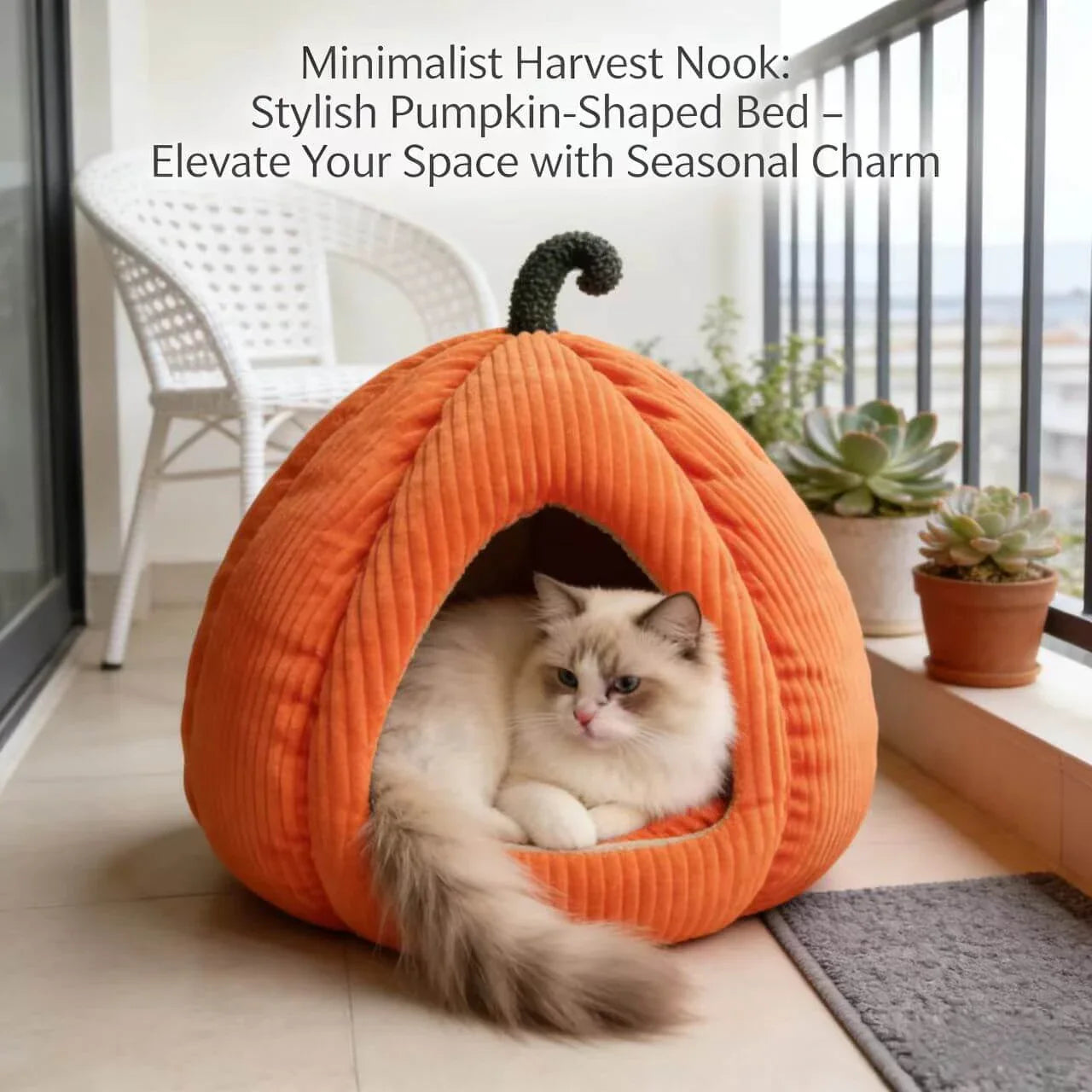 Pet Cave Bed, Pumpkin-Style, Orange Corduroy, 2 Sizes, Small-Medium Pet Bed