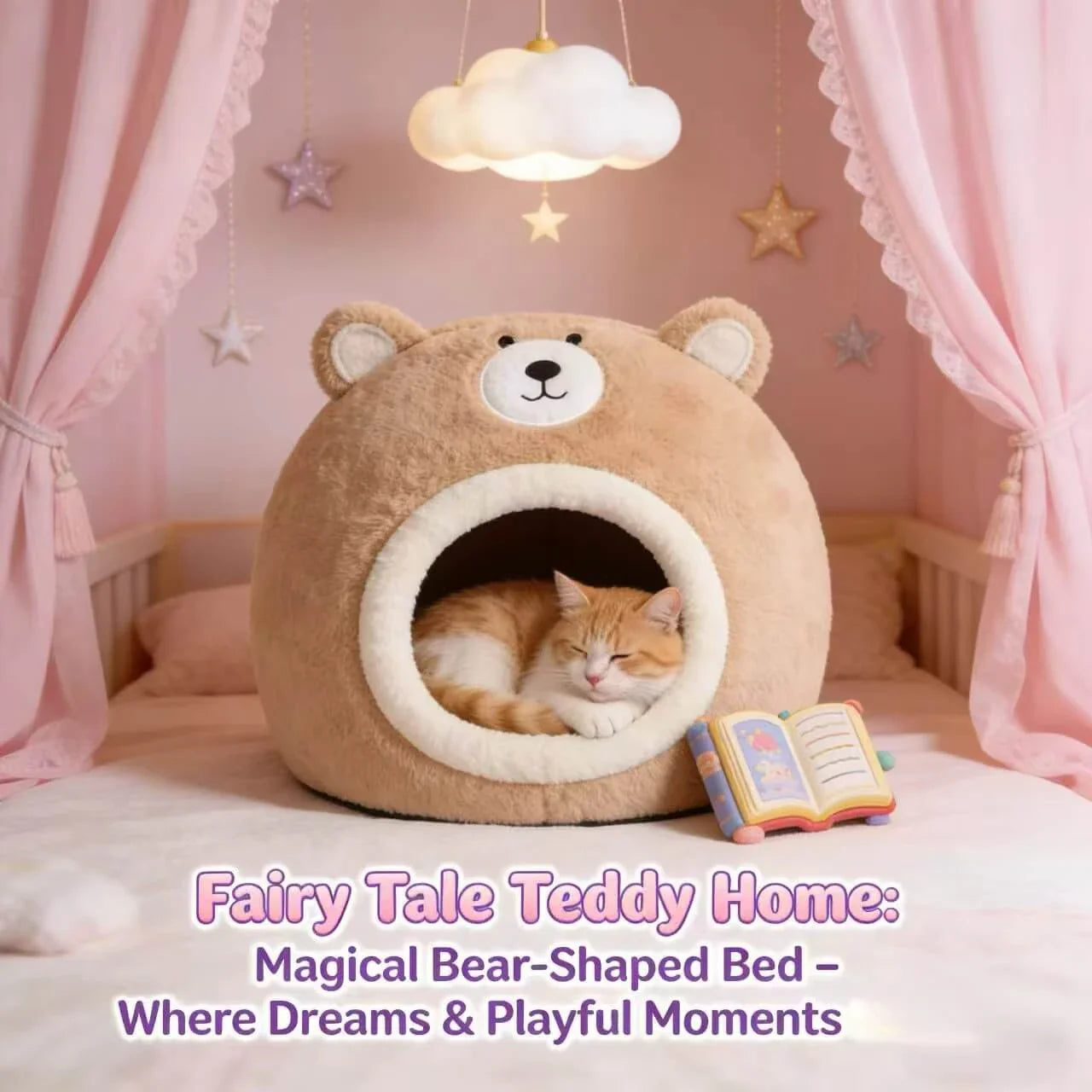 Cozy Bear-Shaped Cat Bed: Beige Plush Fabric, Enclosed Privacy Shelter for Cats