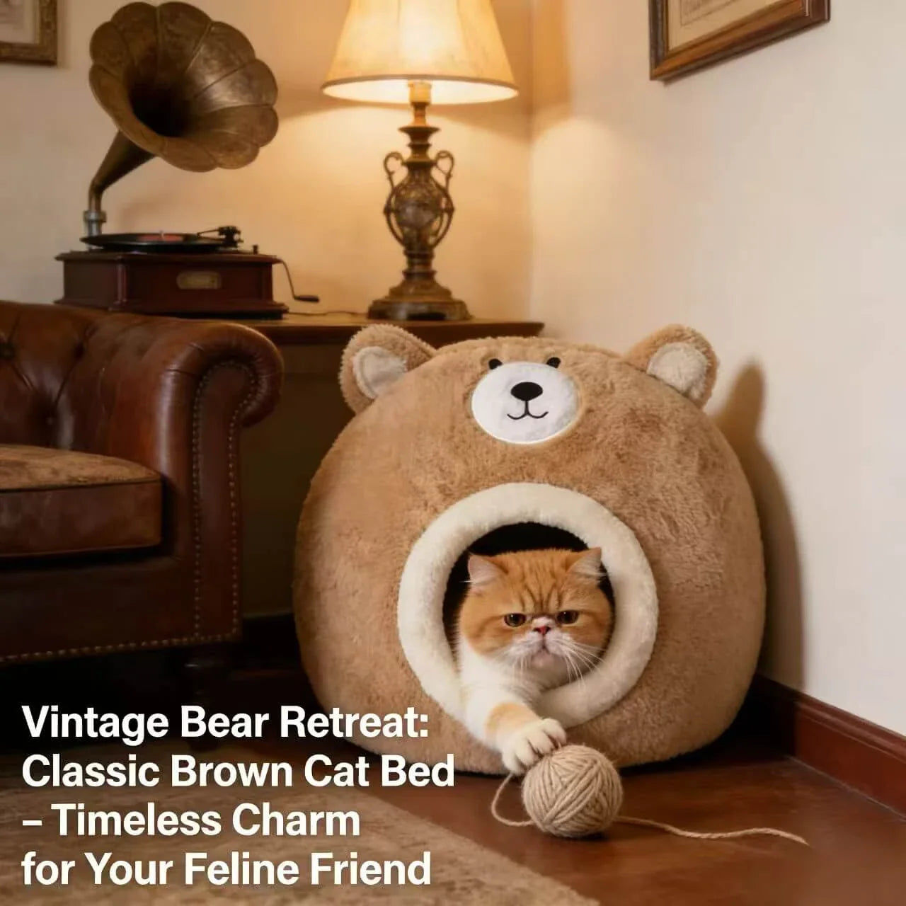 Cozy Bear-Shaped Cat Bed: Beige Plush Fabric, Enclosed Privacy Shelter for Cats