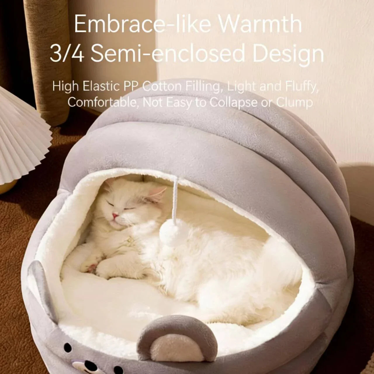 Comfy Seal-Shaped Cat Bed: Gray-White Plush, Built-in Toy Ball for Cats