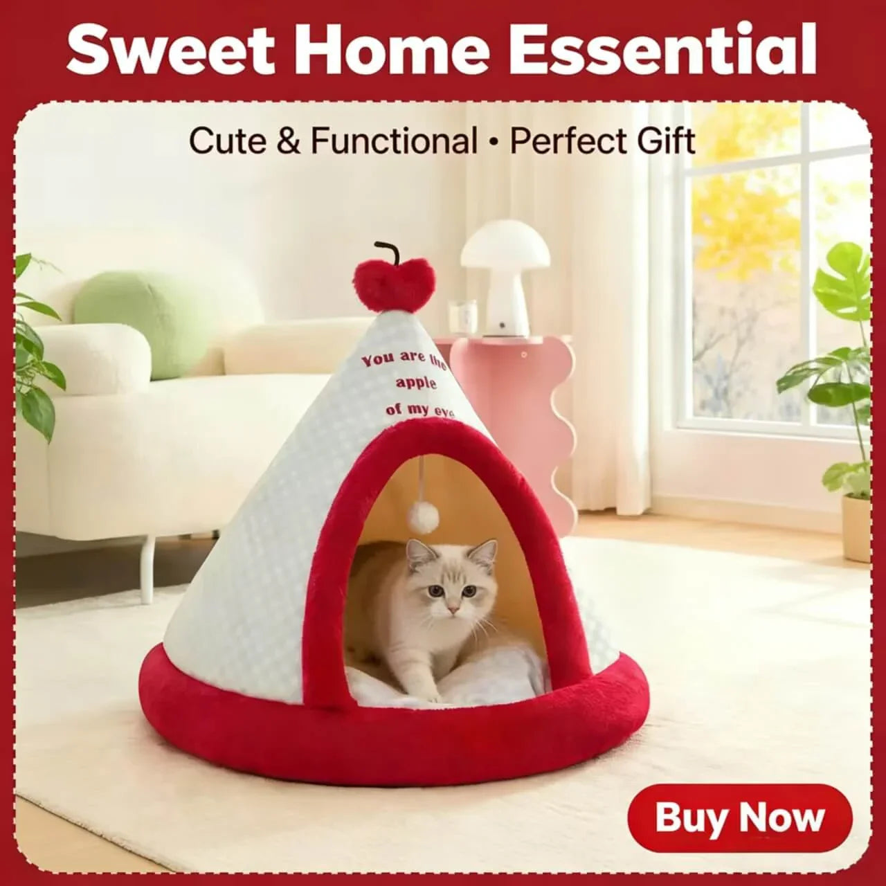 Apple-Themed Plush Pet Tent Bed, White/Red, Quote Design, Toy Ball, Cat Bed