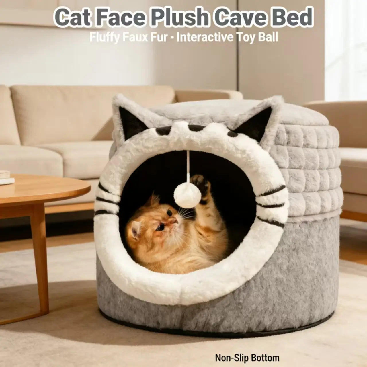 Plush Cat Cave Bed, Gray, Cat Face, Toy Ball, Non-Slip, Machine-Washable Cat Rest Spot
