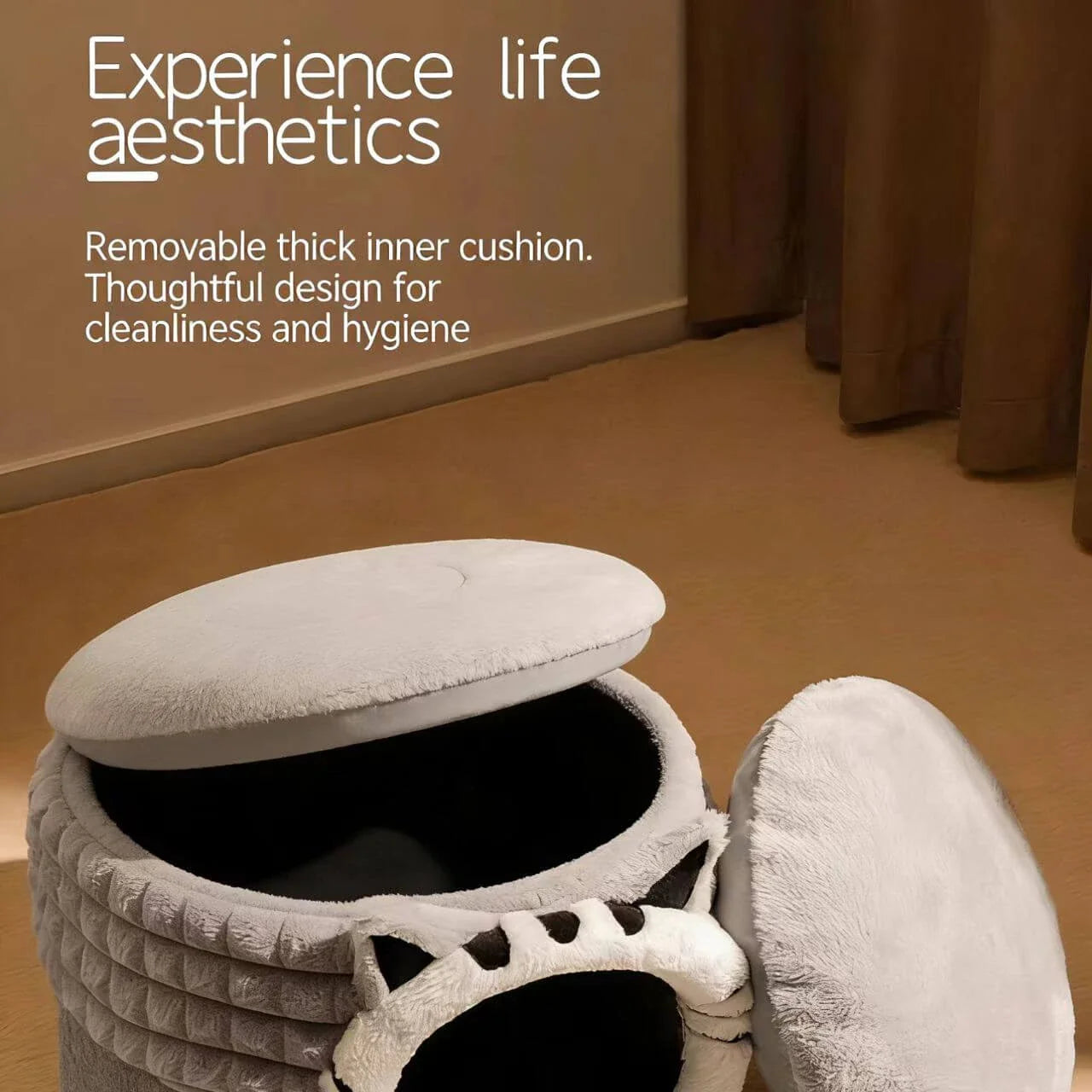 Plush Cat Cave Bed, Gray, Cat Face, Toy Ball, Non-Slip, Machine-Washable Cat Rest Spot