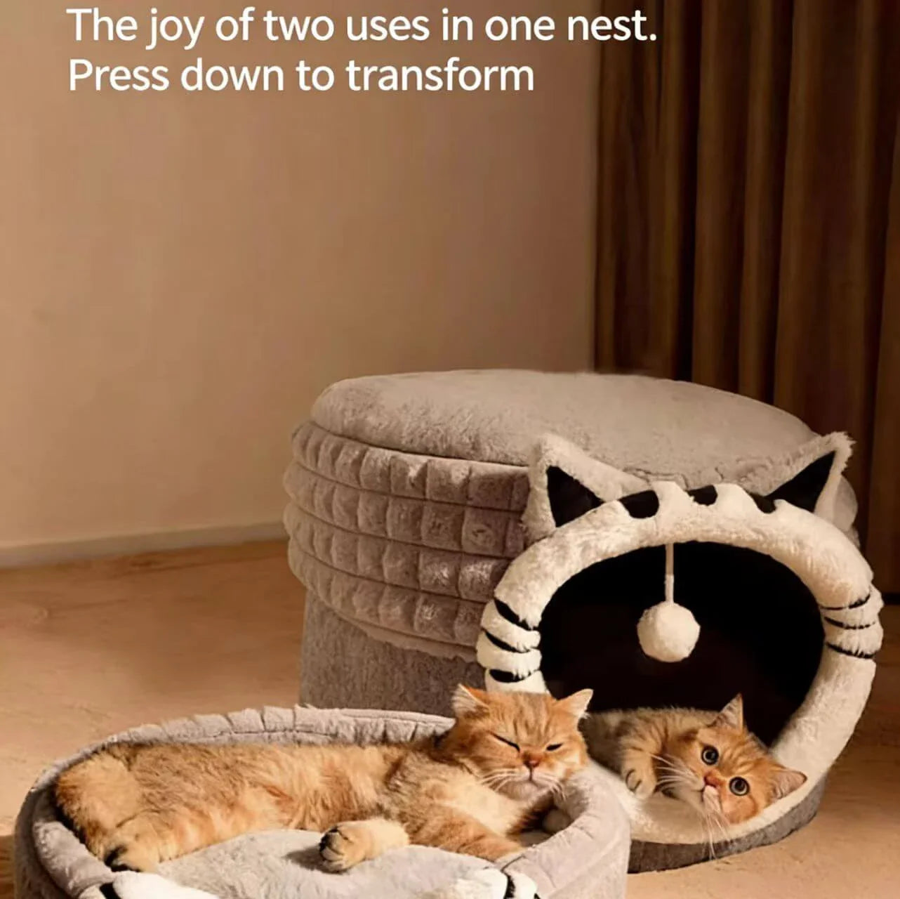 Plush Cat Cave Bed, Gray, Cat Face, Toy Ball, Non-Slip, Machine-Washable Cat Rest Spot