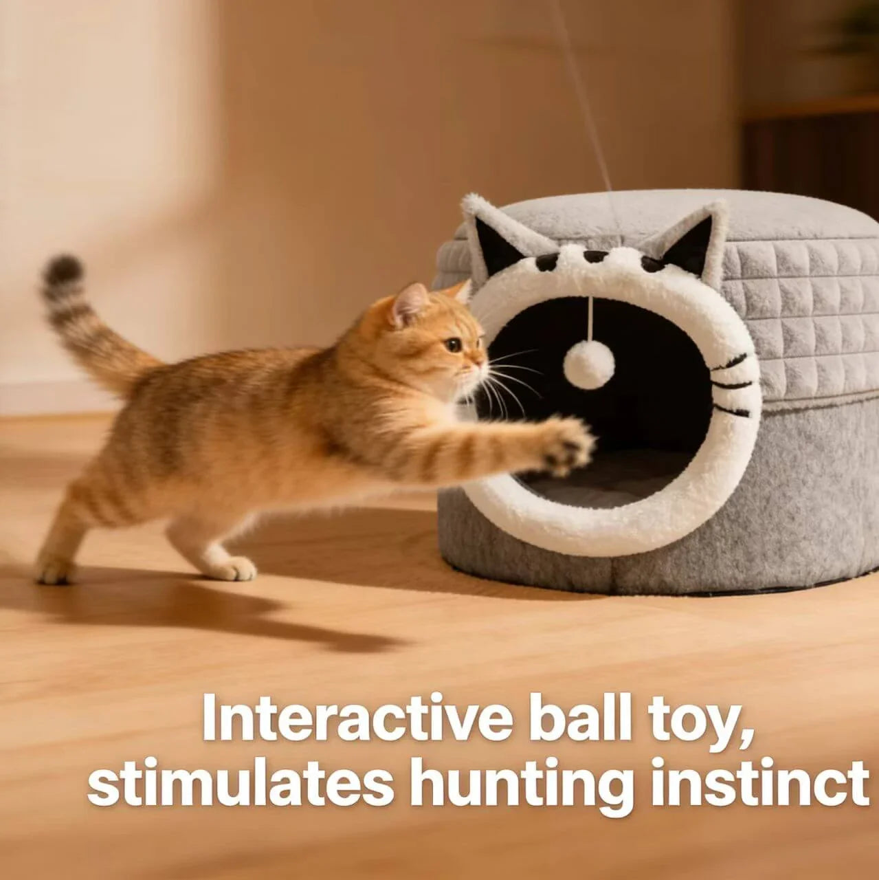 Plush Cat Cave Bed, Gray, Cat Face, Toy Ball, Non-Slip, Machine-Washable Cat Rest Spot