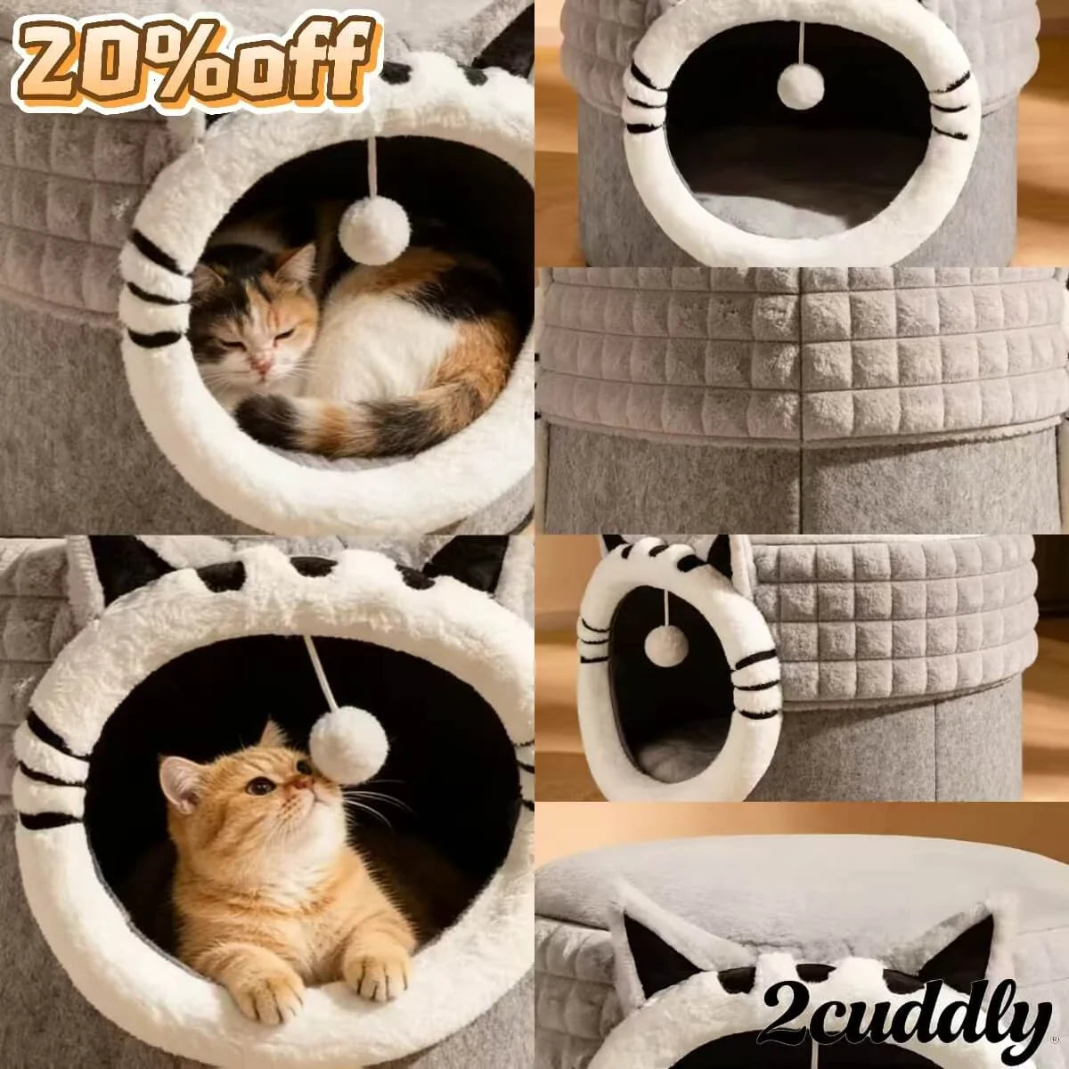 Plush Cat Cave Bed, Gray, Cat Face, Toy Ball, Non-Slip, Machine-Washable Cat Rest Spot