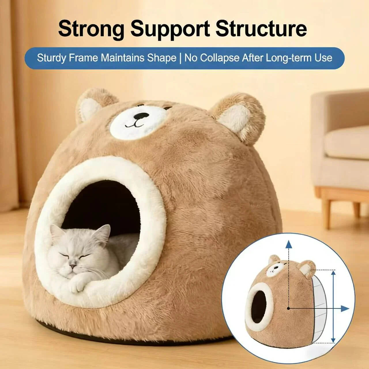 Cozy Bear-Shaped Cat Bed: Beige Plush Fabric, Enclosed Privacy Shelter for Cats