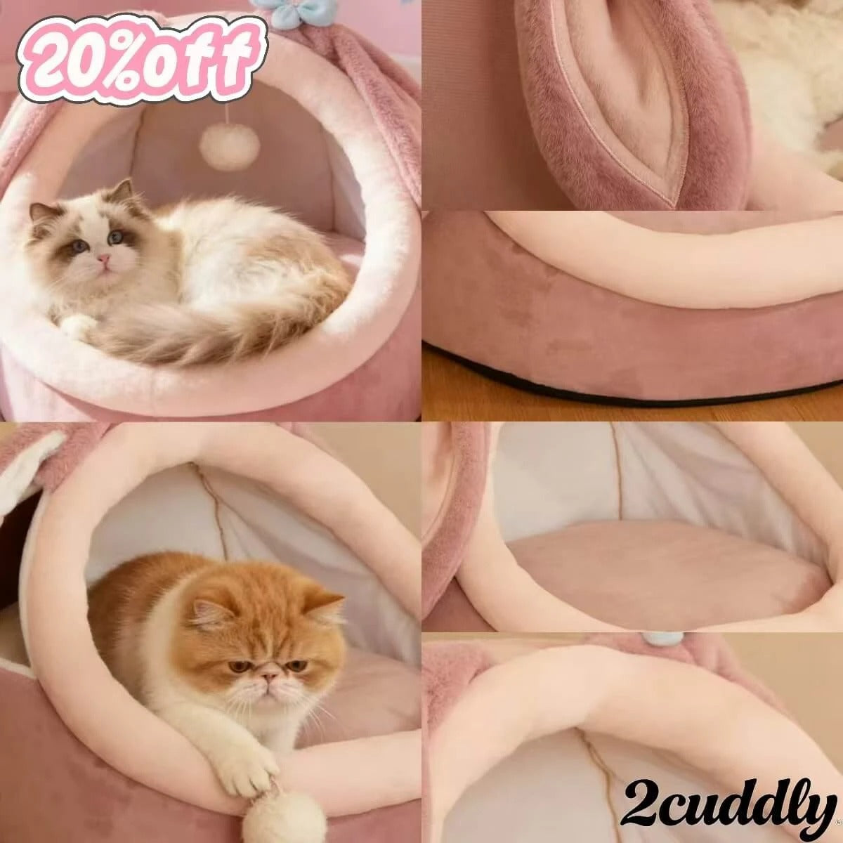 Interactive Comfort Pet Nest: Pink Plush, Rabbit-Ear Design, Built-in Ball Toy for Cats