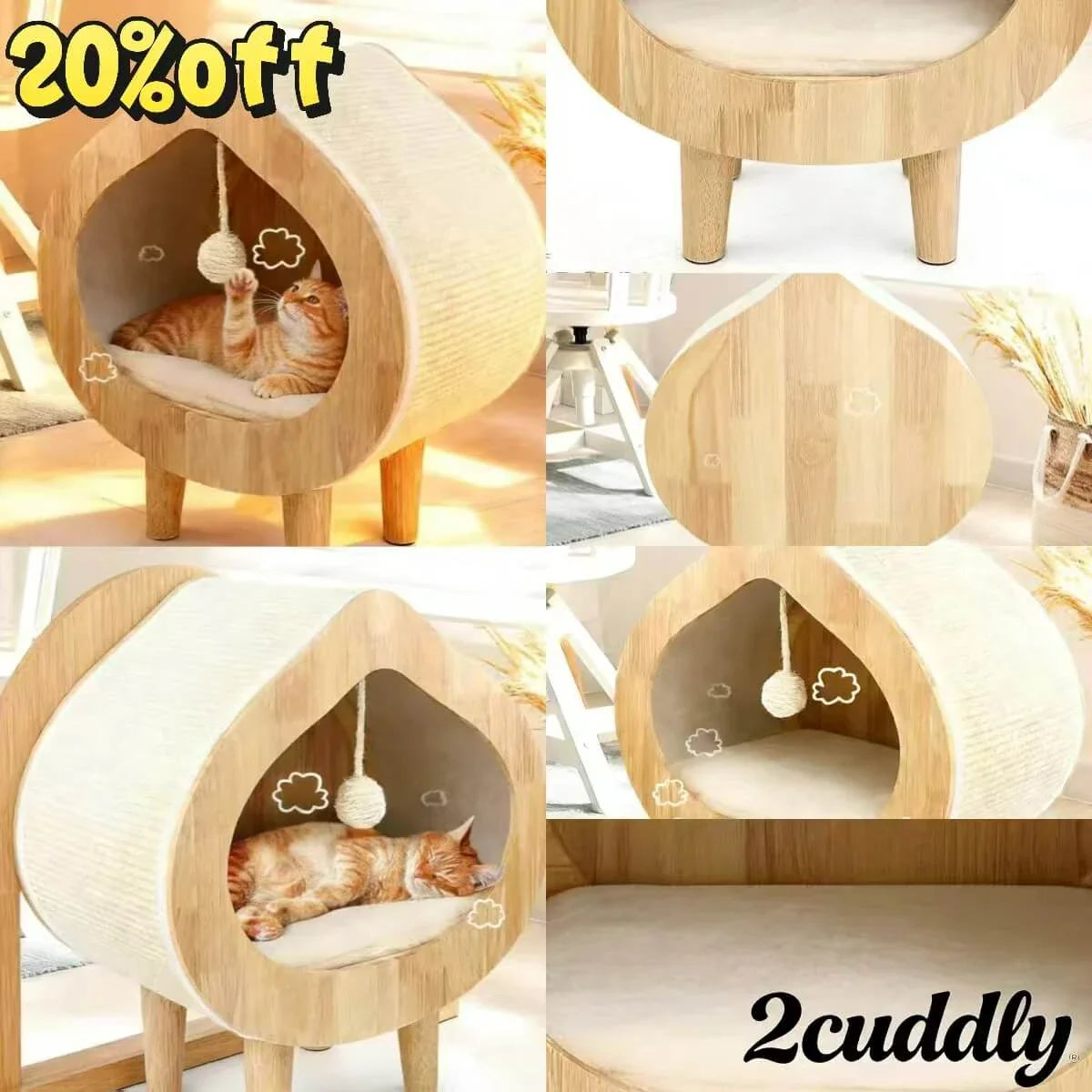 Modern Solid Wood Cat House with Scratching Wall, Cozy Cave Hideout for Indoor Cats