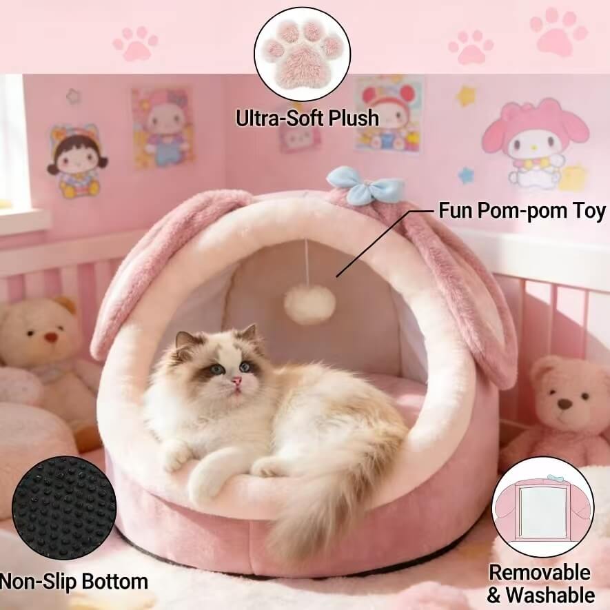 Interactive Comfort Pet Nest: Pink Plush, Rabbit-Ear Design, Built-in Ball Toy for Cats
