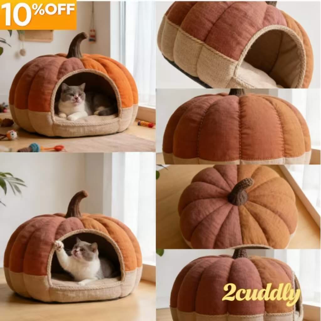Pumpkin-Shaped Pet Cave Bed for Cats - Orange-Brown, Plush, Warm Secure Hiding Spot