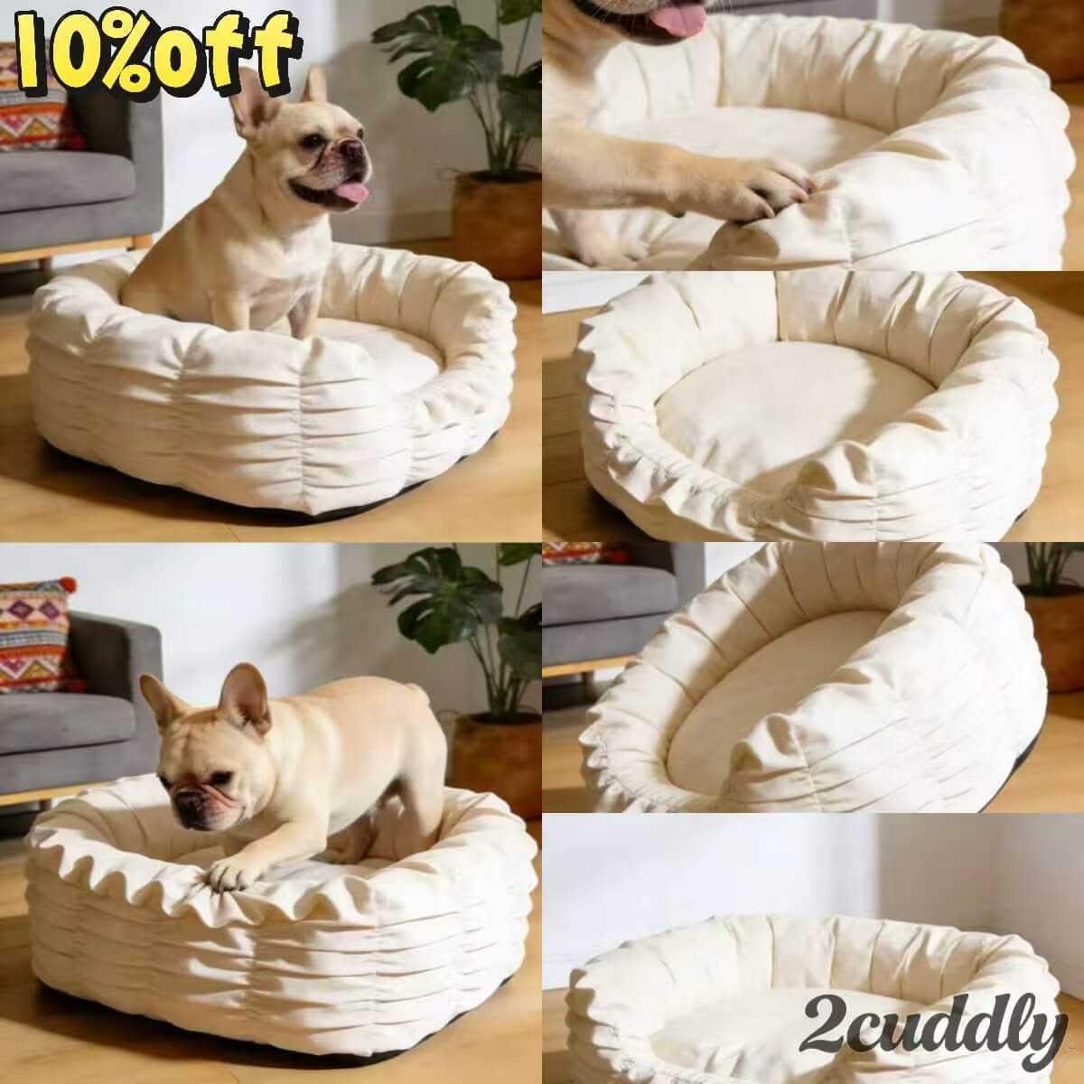 Chic Soft Pet Bed for Dogs - White, Round, Ruffled, Wrinkle Design, Cotton Fabric"