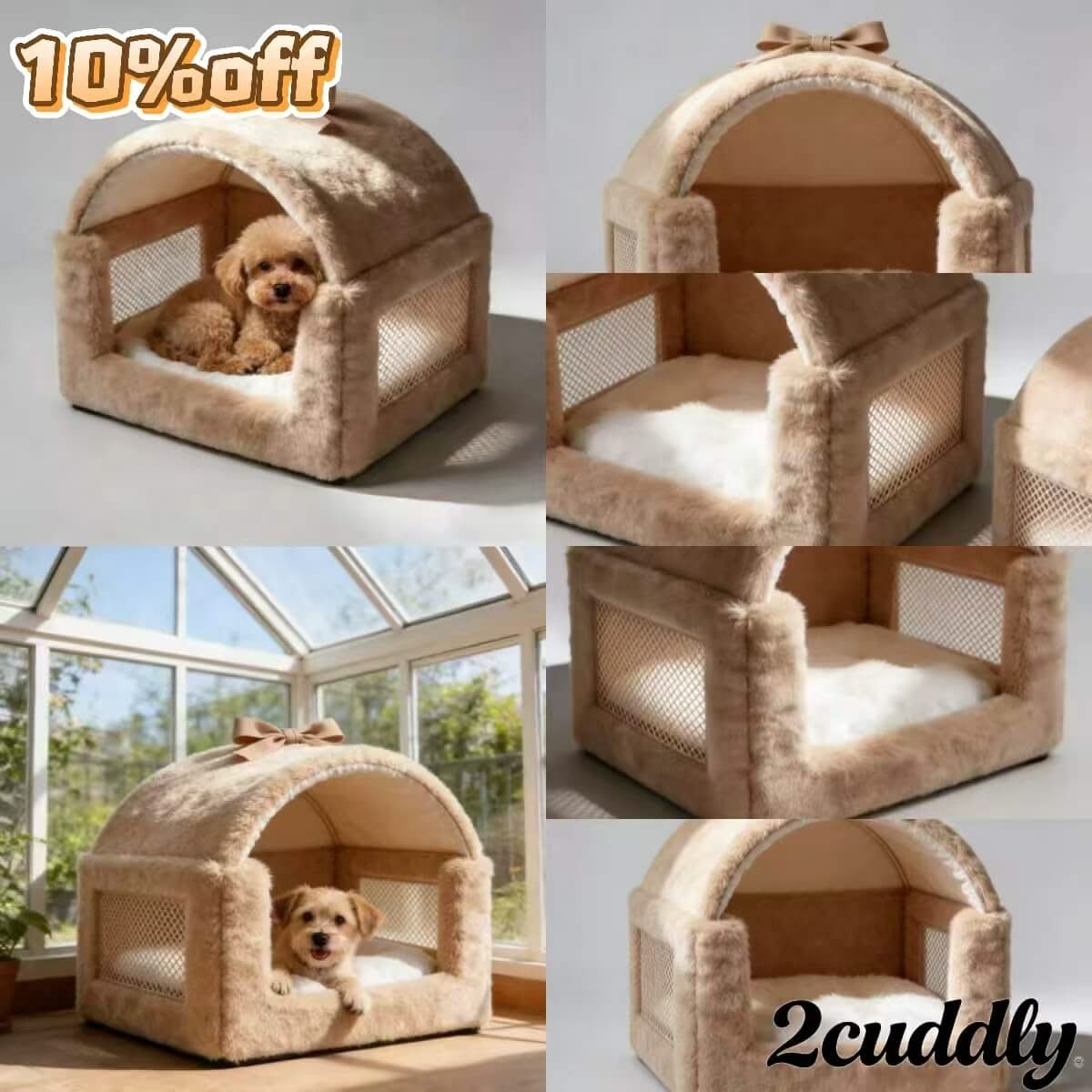 Breathable Pet Cave Bed for Dogs - Mesh Windows, Bow Decor, Beige, Summer-Cool, Cozy Hiding Spot