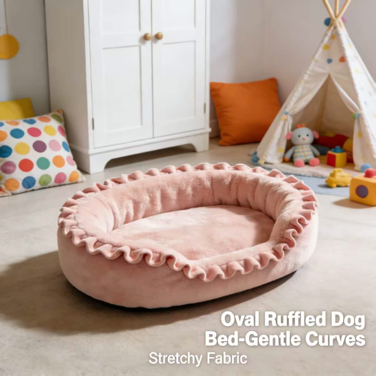 Oval Pet Bed for Dogs - Pink, Ruffled Edge, Stretchy Fabric, Gentle Curves
