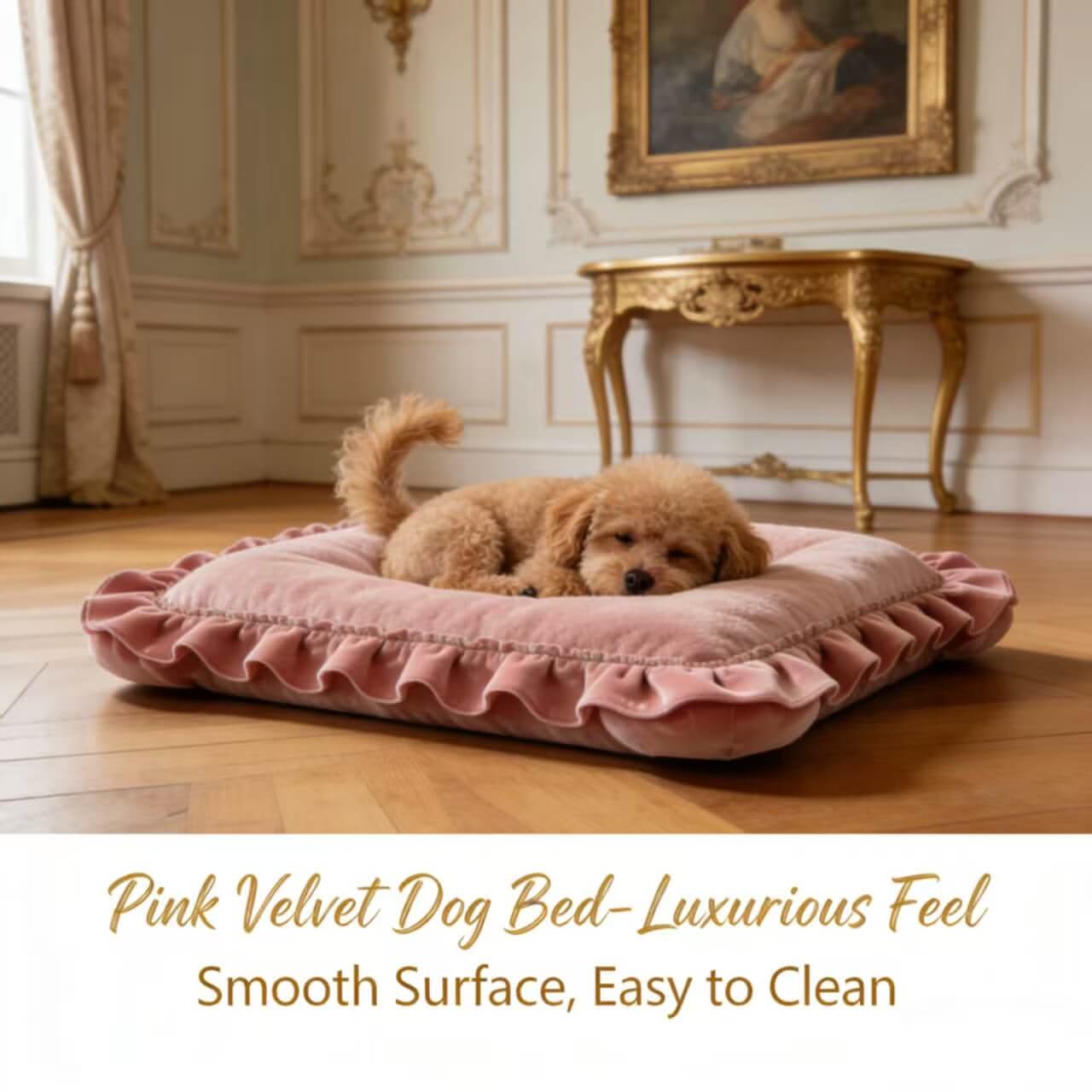 Luxurious Pet Bed for Dogs - Pink Velvet, Ruffled, Smooth Surface, Easy to Clean