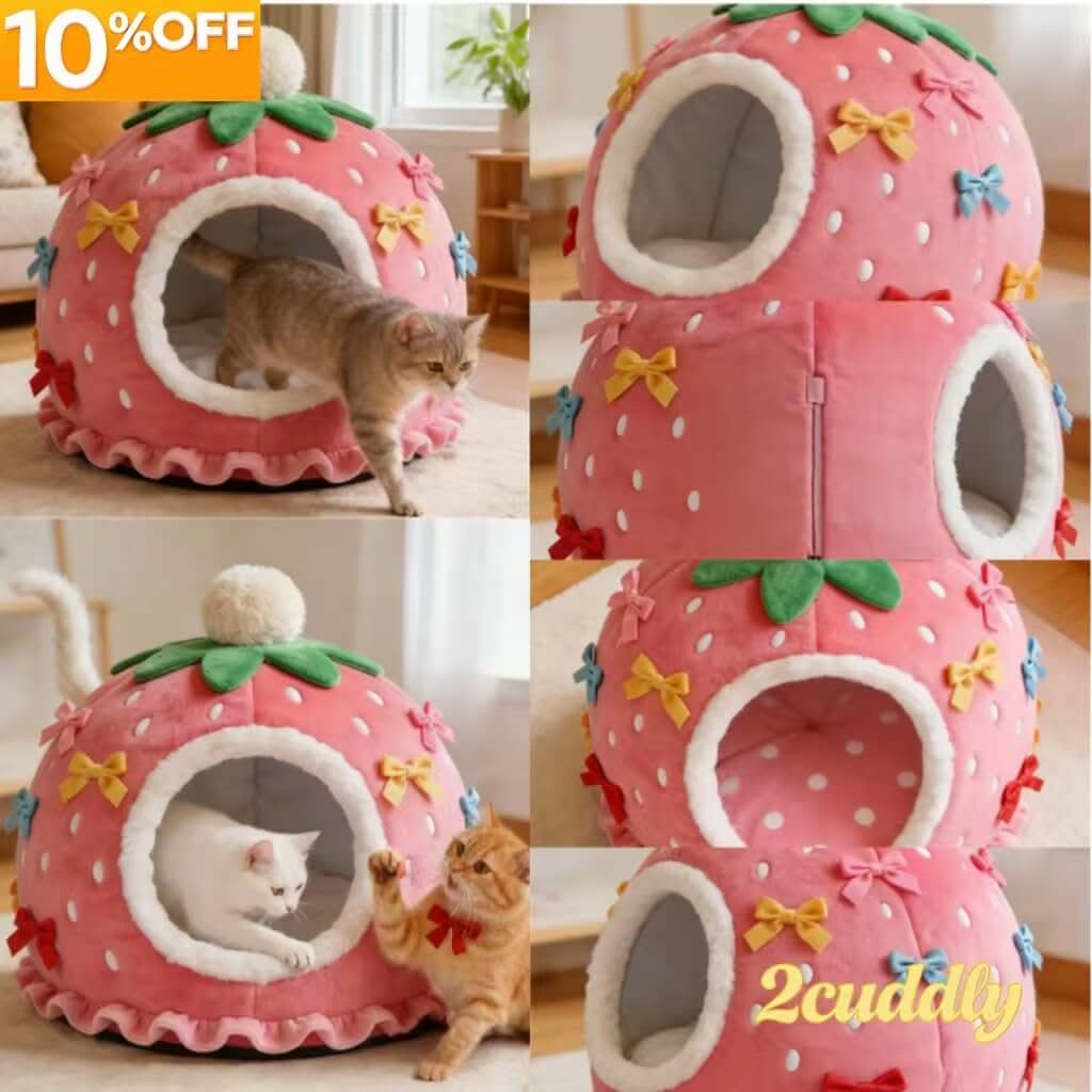 Adorable Strawberry Pet Cave Bed for Cats - Bow Decor, Ruffled, Plush, Pink, Cozy Hiding Spot, All-Season
