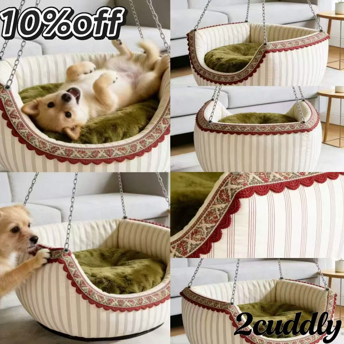 Boho Hammock Dog Bed, Plush Mattress, White/Red Stripe, Fun Design