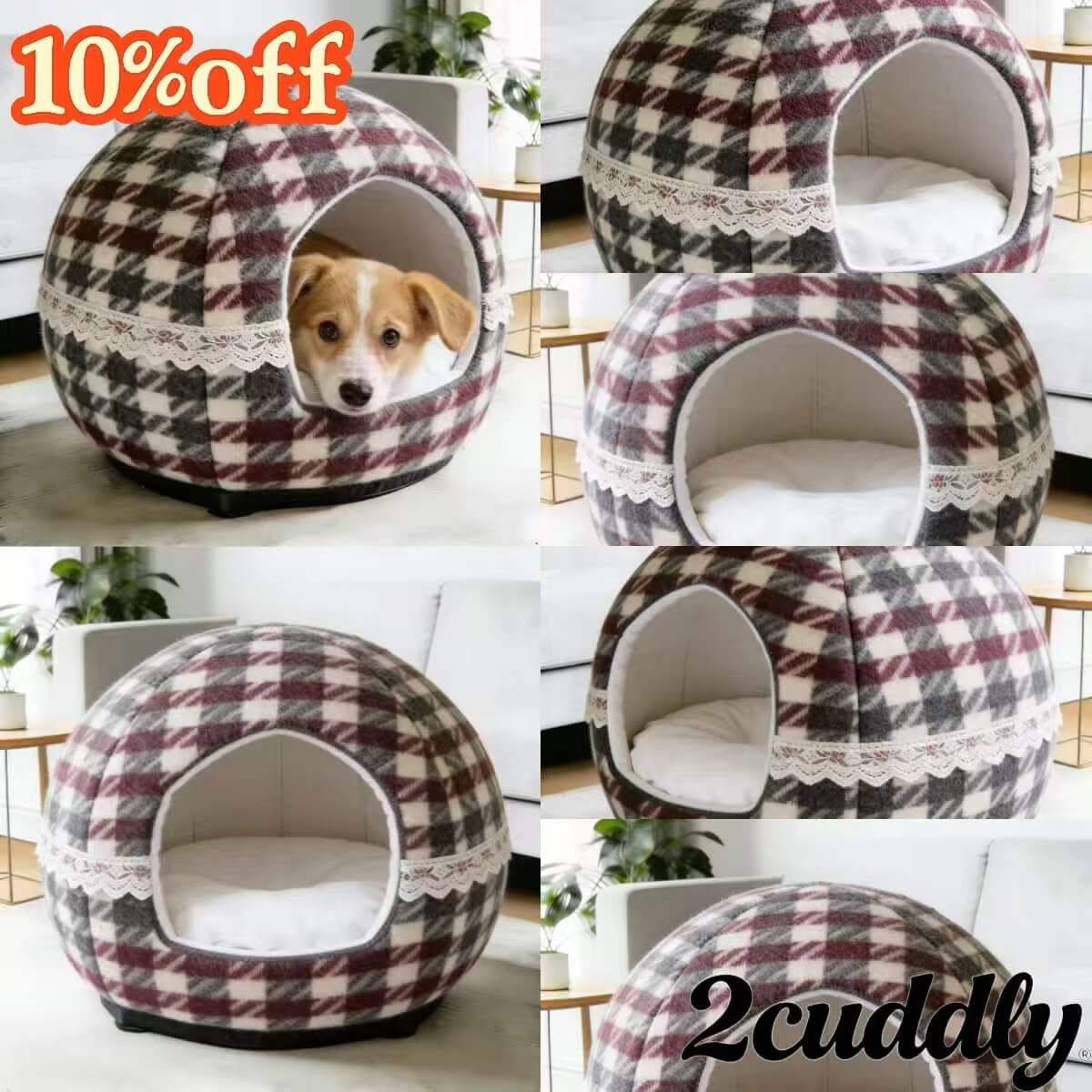 Houndstooth Dog Bed, Cave Design, Wool Blend, Red/Gray, Lace Trim