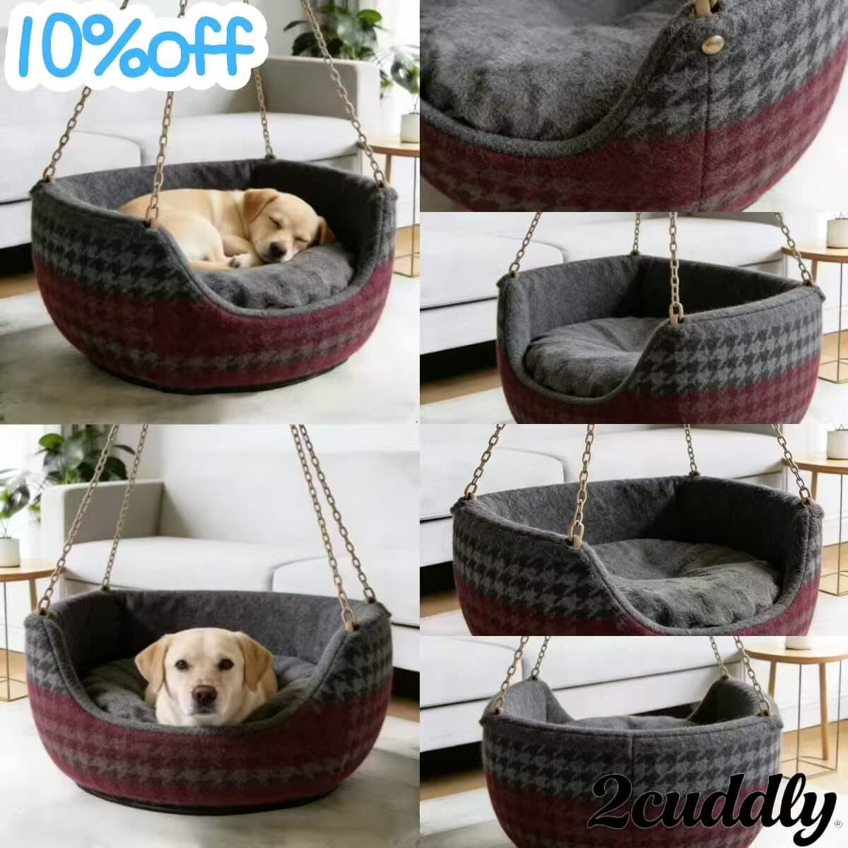 Vintage Hanging Pet Bed for Dogs, Wool Blend, Tartan Pattern, Red/Gray, Classic Nest