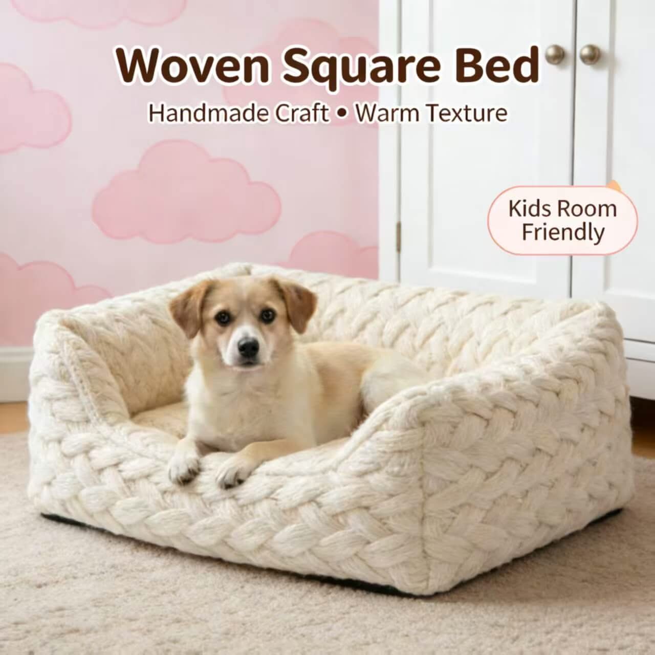 Cozy Kids-Room Pet Bed for Dogs - Beige, Square, Handwoven, Warm Texture