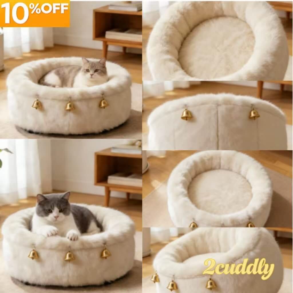 Furry Pet Bed for Cats - White, Round, Gold Bell Decor, Soft Plush