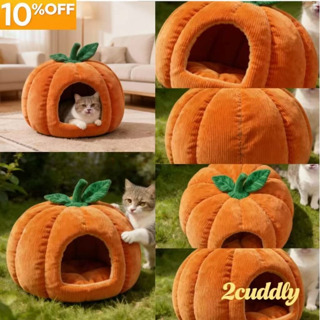 Cozy Pet Cave Bed for Cats - Orange Pumpkin Shape, Corduroy Fabric, Green Stem Decor